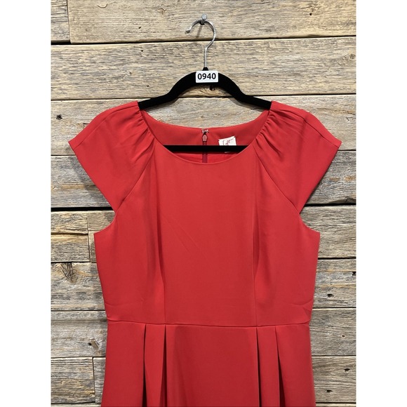 LOFT Women's Fire Red Fit & Flare‎ Dress Cap Sleeve Size 8 Pleated Zip On Lined - Picture 5 of 12